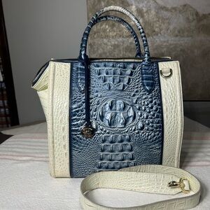 Brahmin Blue and Cream Croc-Embossed Satchel